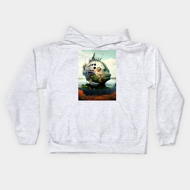 The Armored Angler: The Future of Fish Kids Hoodie by Puff Sumo